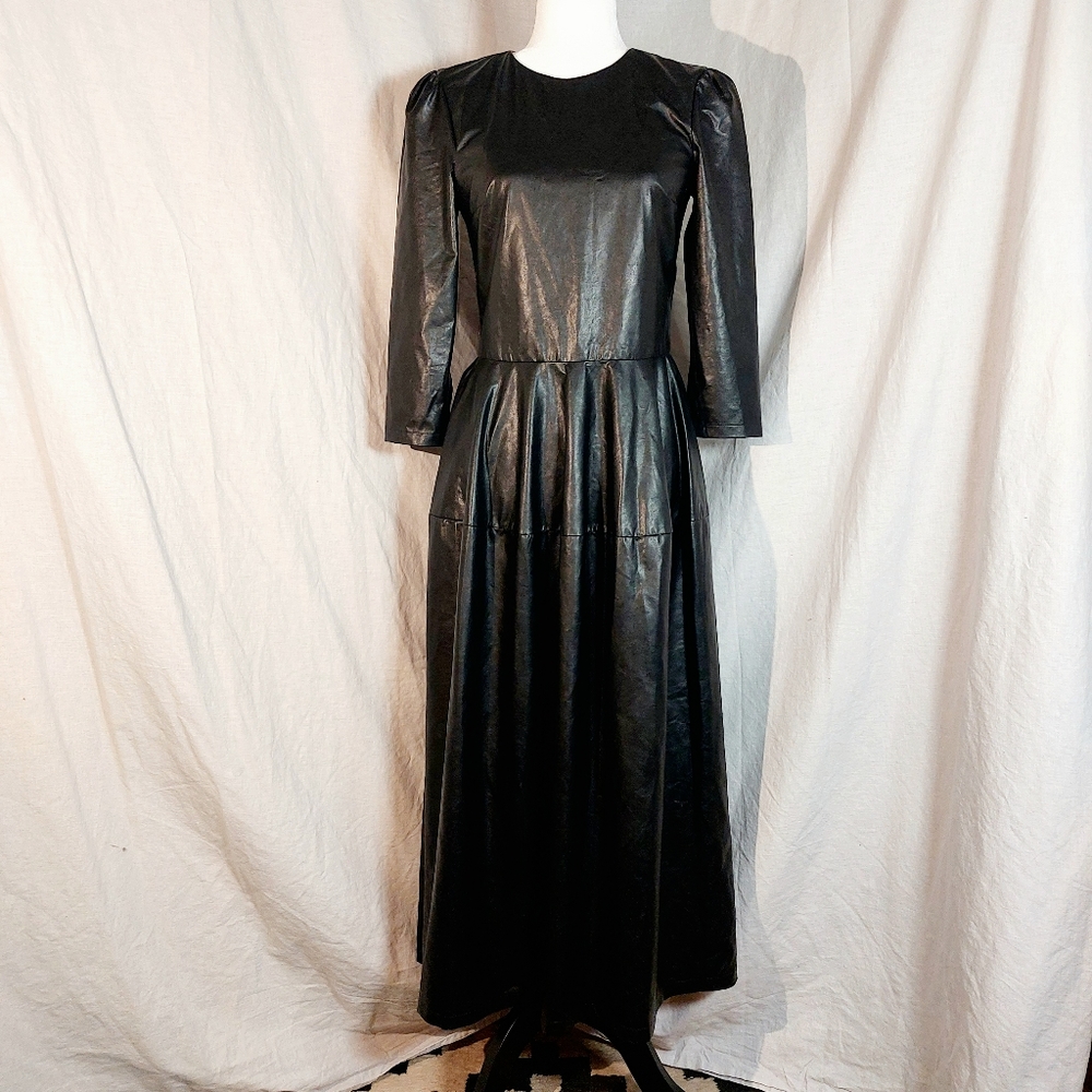 Imperial black 3/4 sleeve faux leather  fit & flare midi dress, S, NWT